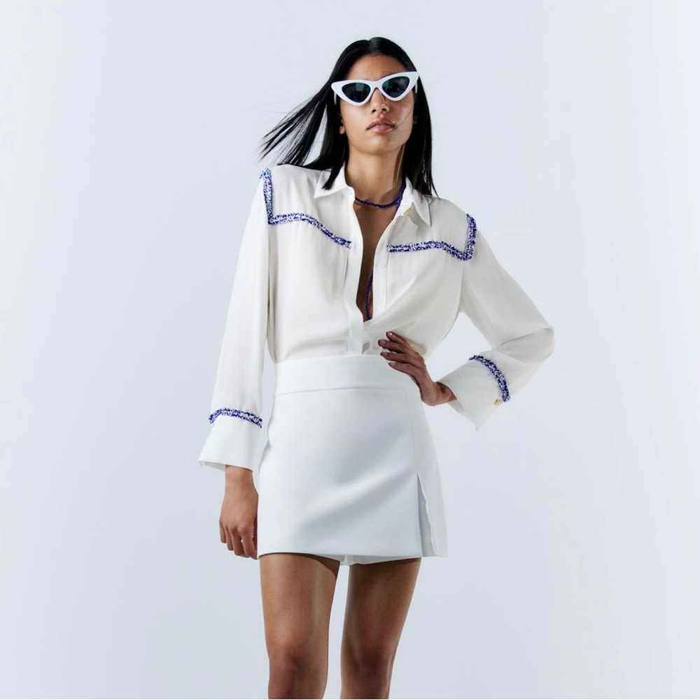 NWT Zara White and Blue Long Sleeved Shirt Size M